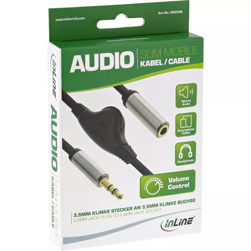 InLine schlank Audiokabel 3,5 mm Stecker / Buchse mit Lautstärkeregler 0,25 m