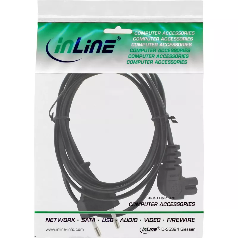 InLine Stromkabel, Euro-Stecker / Euro8-Stecker gewinkelt, schwarz, 3m