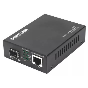 Intellinet Gigabit PoE+ Medienkonverter, 1 x 1000Base-T RJ45-Port zu 1 x SFP-Port, PoE+ Injektor