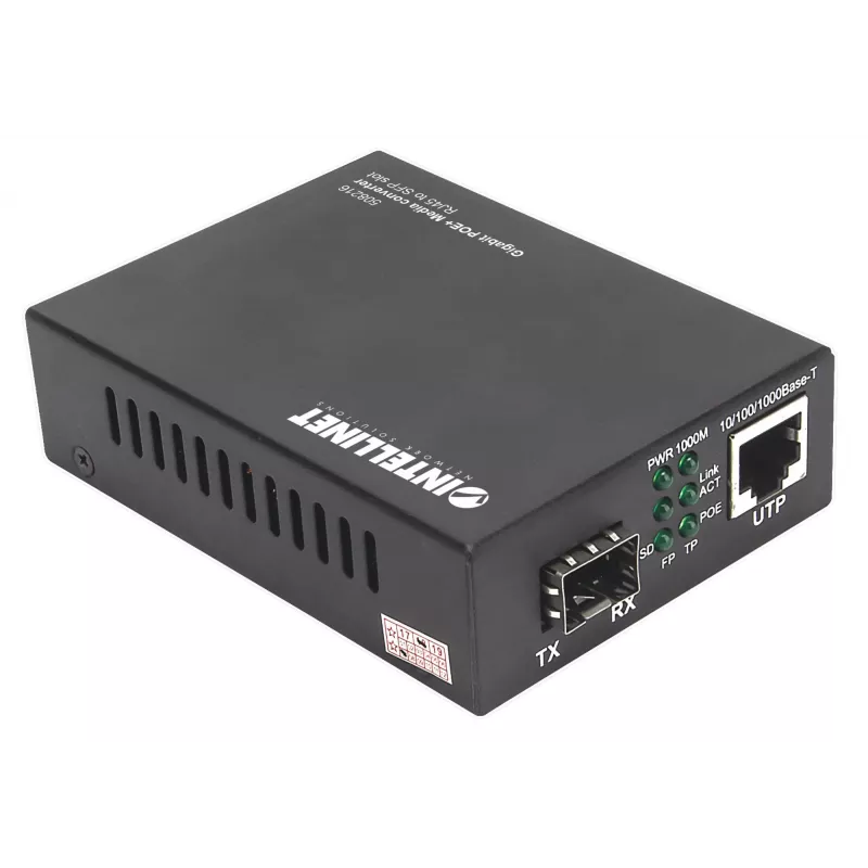 Intellinet Gigabit PoE+ Medienkonverter, 1 x 1000Base-T RJ45-Port zu 1 x SFP-Port, PoE+ Injektor