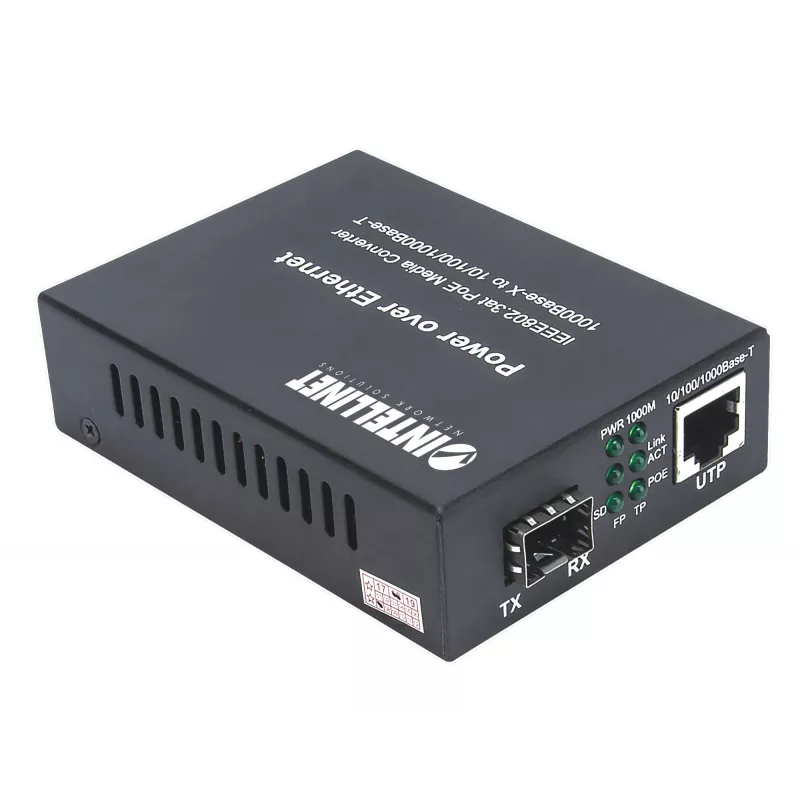 Intellinet Gigabit PoE+ Medienkonverter, 1 x 1000Base-T RJ45-Port zu 1 x SFP-Port, PoE+ Injektor