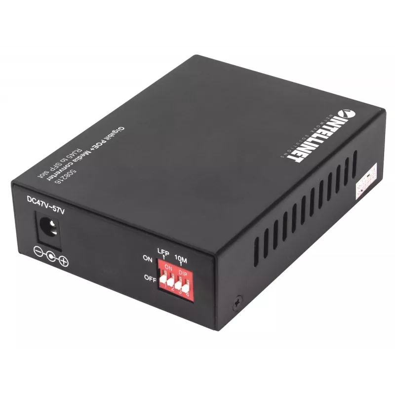 Intellinet Gigabit PoE+ Medienkonverter, 1 x 1000Base-T RJ45-Port zu 1 x SFP-Port, PoE+ Injektor