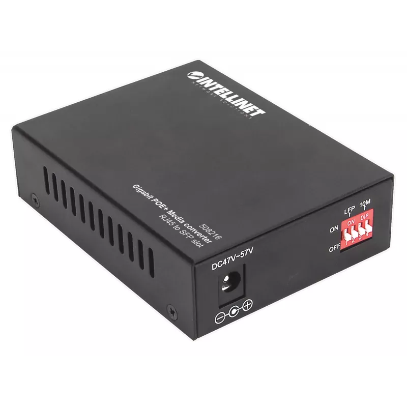 Intellinet Gigabit PoE+ Medienkonverter, 1 x 1000Base-T RJ45-Port zu 1 x SFP-Port, PoE+ Injektor