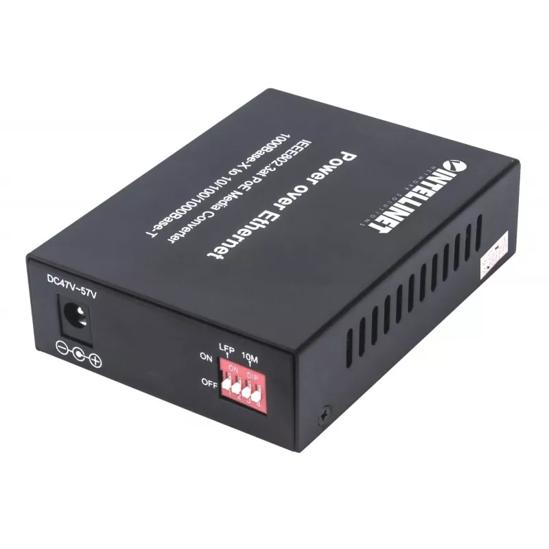Intellinet Gigabit PoE+ Medienkonverter, 1 x 1000Base-T RJ45-Port zu 1 x SFP-Port, PoE+ Injektor