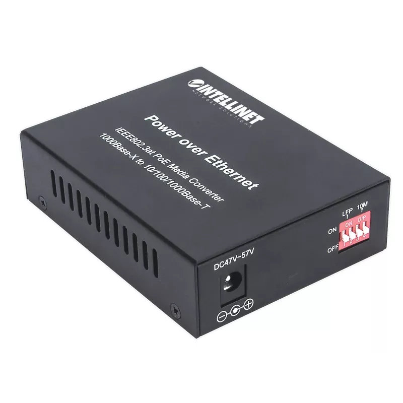 Intellinet Gigabit PoE+ Medienkonverter, 1 x 1000Base-T RJ45-Port zu 1 x SFP-Port, PoE+ Injektor