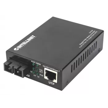 Intellinet Gigabit PoE+ Medienkonverter, 1000Base-T RJ45 Port zu 1000Base-LX (SC) Singlemode, 20 km, PoE+ Injektor