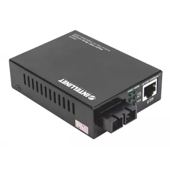 Intellinet Gigabit PoE+ Medienkonverter, 1000Base-T RJ45 Port zu 1000Base-LX (SC) Singlemode, 20 km, PoE+ Injektor