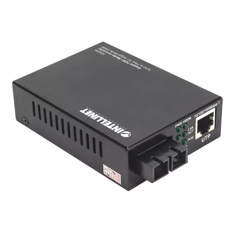 Intellinet Gigabit PoE+ Medienkonverter, 1000Base-T RJ45 Port zu 1000Base-LX (SC) Singlemode, 20 km, PoE+ Injektor