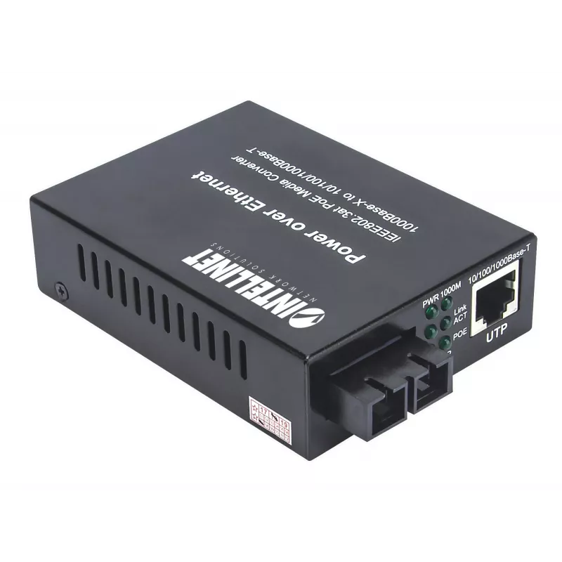 Intellinet Gigabit PoE+ Medienkonverter, 1000Base-T RJ45 Port zu 1000Base-LX (SC) Singlemode, 20 km, PoE+ Injektor