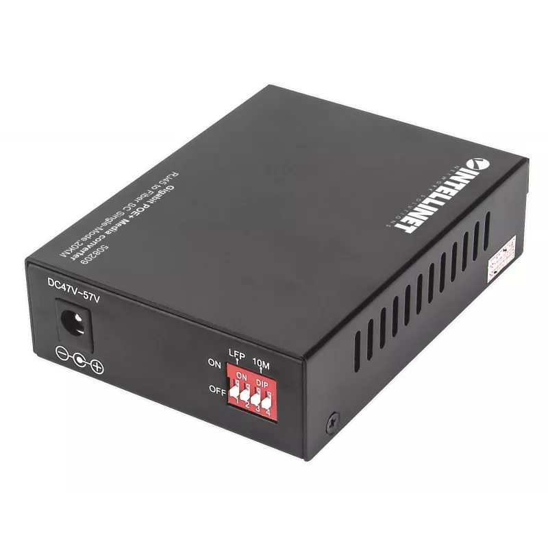 Intellinet Gigabit PoE+ Medienkonverter, 1000Base-T RJ45 Port zu 1000Base-LX (SC) Singlemode, 20 km, PoE+ Injektor
