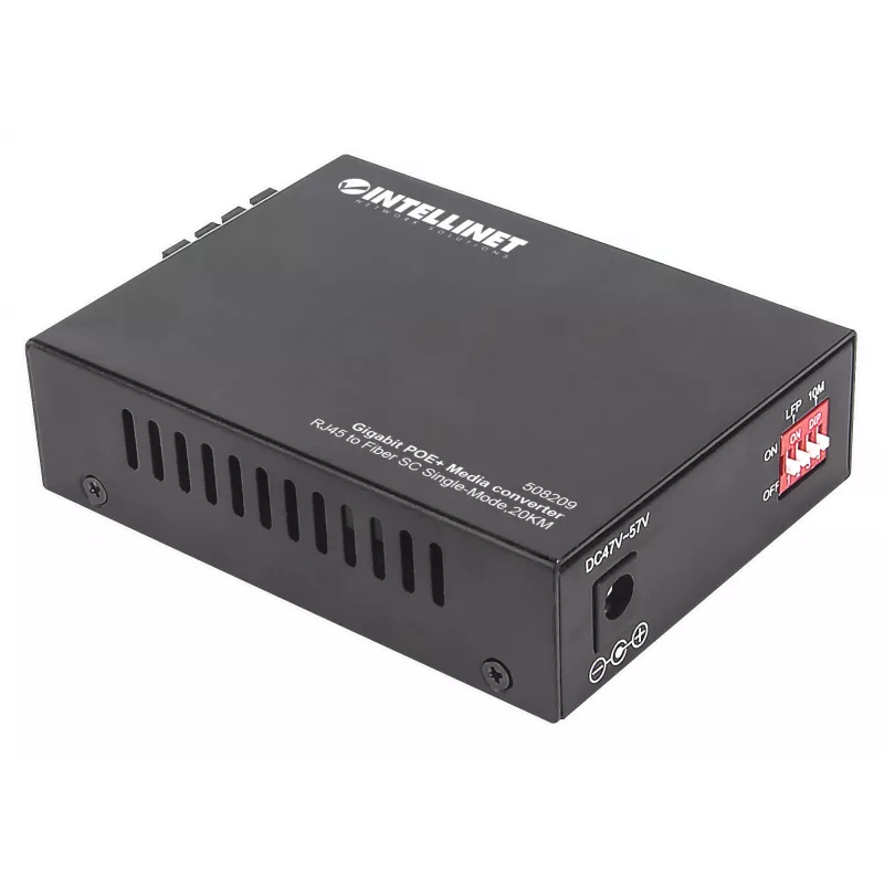 Intellinet Gigabit PoE+ Medienkonverter, 1000Base-T RJ45 Port zu 1000Base-LX (SC) Singlemode, 20 km, PoE+ Injektor