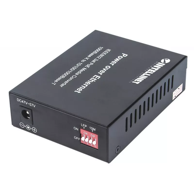 Intellinet Gigabit PoE+ Medienkonverter, 1000Base-T RJ45 Port zu 1000Base-LX (SC) Singlemode, 20 km, PoE+ Injektor