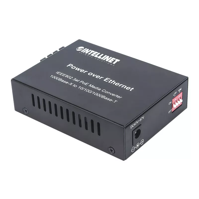Intellinet Gigabit PoE+ Medienkonverter, 1000Base-T RJ45 Port zu 1000Base-LX (SC) Singlemode, 20 km, PoE+ Injektor