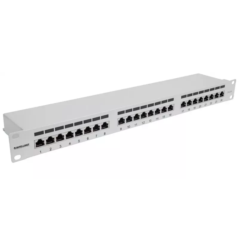 Intellinet Patch Panel, Cat6a, FTP, 24-Port, 1U, geschirmt, 90° Top-Entry LSA-Leisten, Grau
