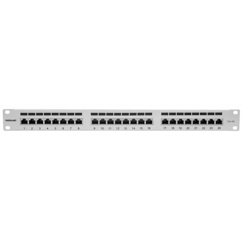 Intellinet Patch Panel, Cat6a, FTP, 24-Port, 1U, geschirmt, 90° Top-Entry LSA-Leisten, Grau