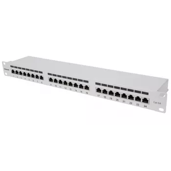 Intellinet Patch Panel, Cat6a, FTP, 24-Port, 1U, geschirmt, 90° Top-Entry LSA-Leisten, Grau
