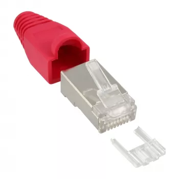 InLine Crimp-Stecker RJ45 8P8C geschirmt mit Einfädelhilfe und Knickschutz, rot