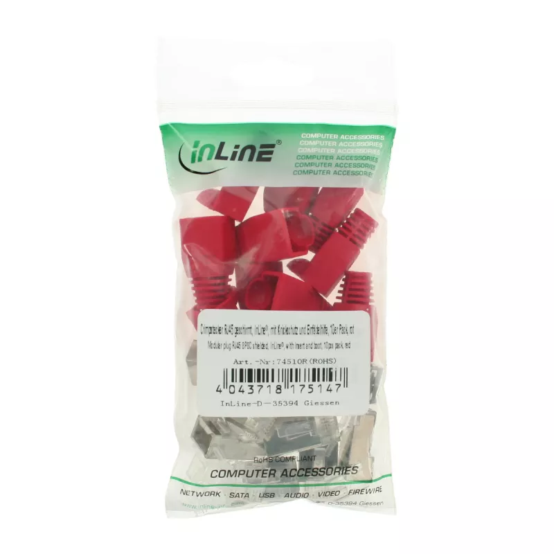 InLine Crimp-Stecker RJ45 8P8C geschirmt mit Einfädelhilfe und Knickschutz, rot