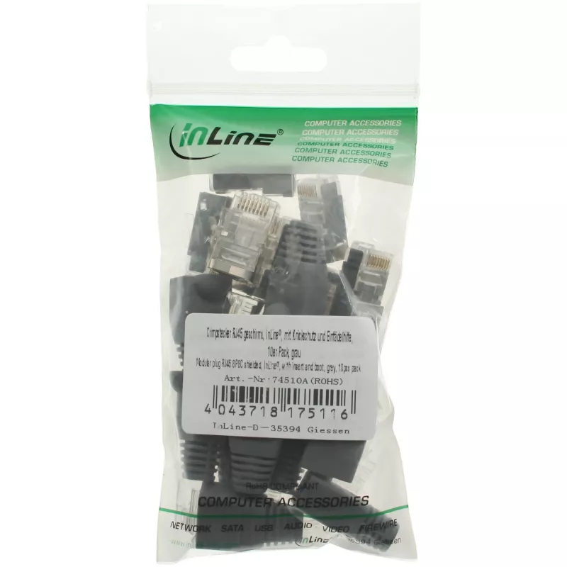 InLine Crimp-Stecker RJ45 8P8C geschirmt mit Einfädelhilfe und Knickschutz grau