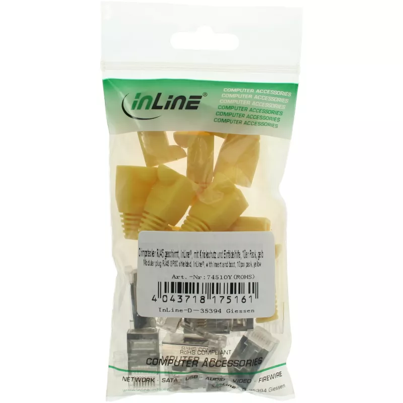 InLine Crimp-Stecker RJ45 8P8C geschirmt mit Einfädelhilfe & Knickschutz, gelb