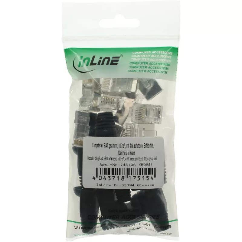 InLine Crimp-Stecker RJ45 8P8C geschirmt mit Einfädelhilfe und Knickschutz, schwarz