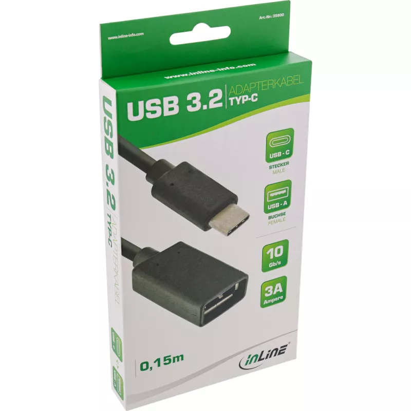 InLine USB 3.2 Gen.1x2 Adapterkabel, USB-C Stecker / A Buchse, schwarz, 0,15m