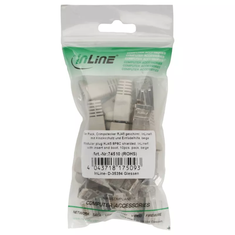 InLine Crimp-Stecker RJ45 8P8C geschirmt mit Einfädelhilfe und Knickschutz beige