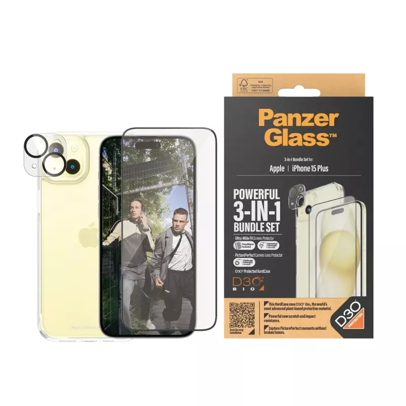 PanzerGlass 3-in-1 Pack iPhone 15 Plus Schlagfestes Gehärtetes Glas