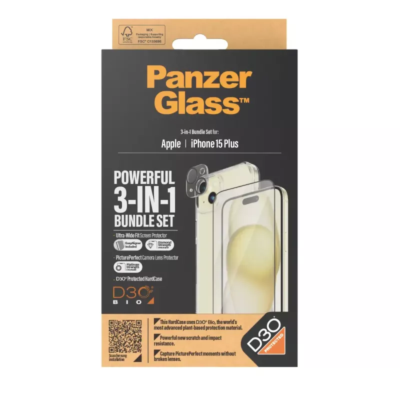 PanzerGlass 3-in-1 Pack iPhone 15 Plus Schlagfestes Gehärtetes Glas