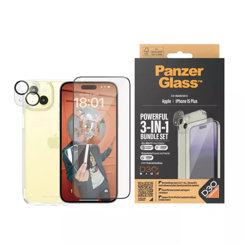 PanzerGlass 3-in-1 Pack iPhone 15 Plus Schlagfestes Gehärtetes Glas