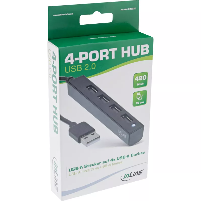 InLine USB 2.0 4-Port Hub, USB-A Stecker auf 4x USB-A Buchse, Kabel 15cm