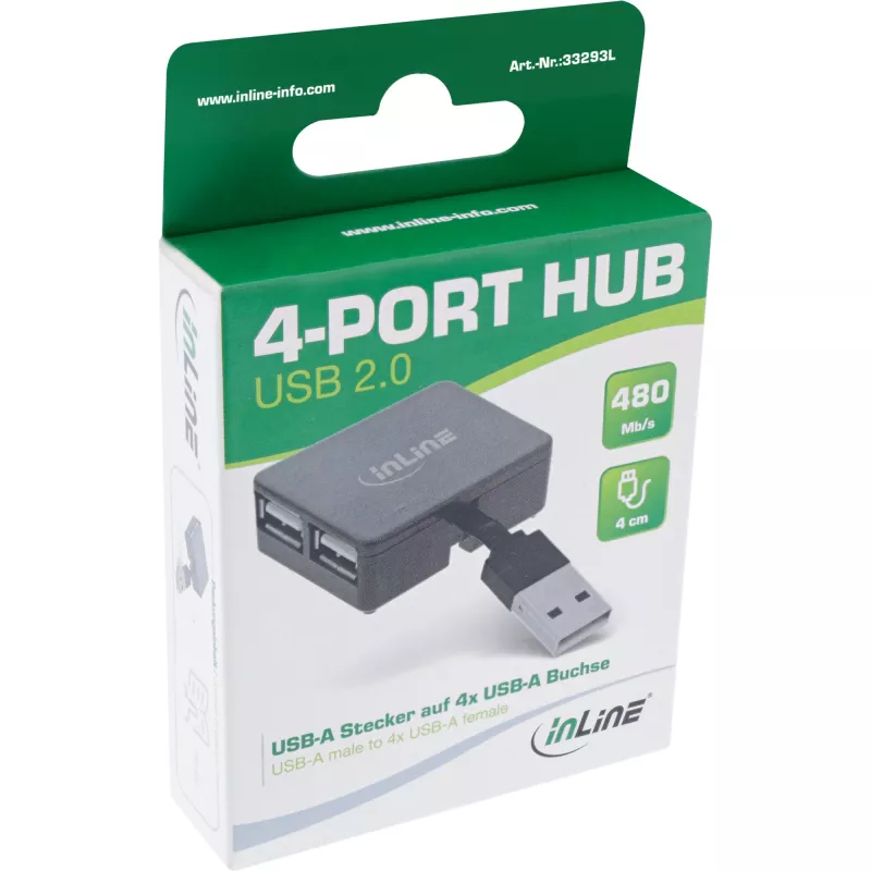 InLine USB 2.0 4-Port Hub, USB-A Stecker auf 4x USB-A Buchse, Kabel 4cm