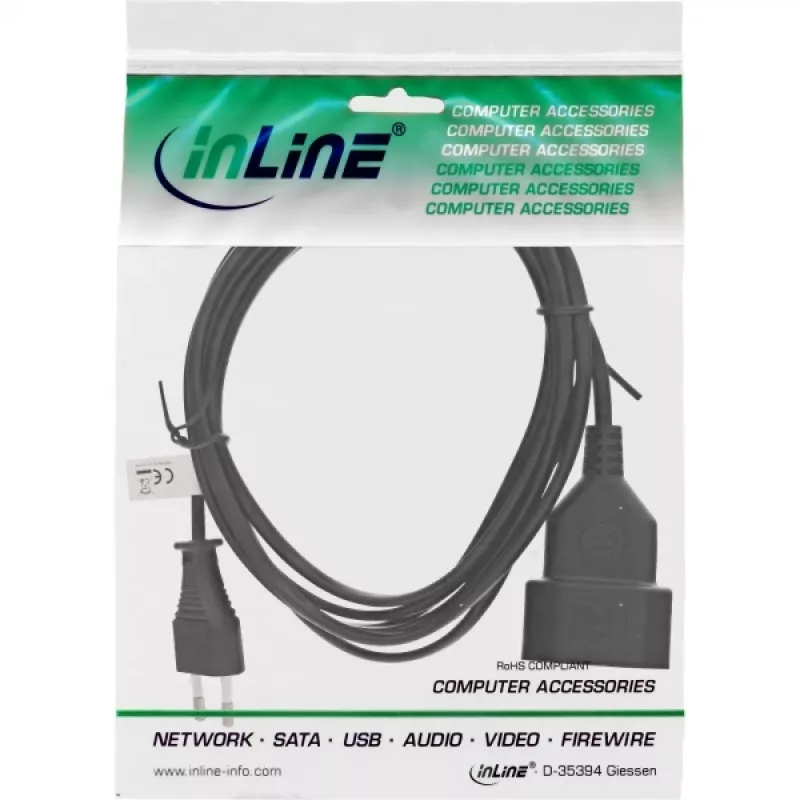 InLine Euro Type C Plug Power Extension male / female, Schwarz, 5m