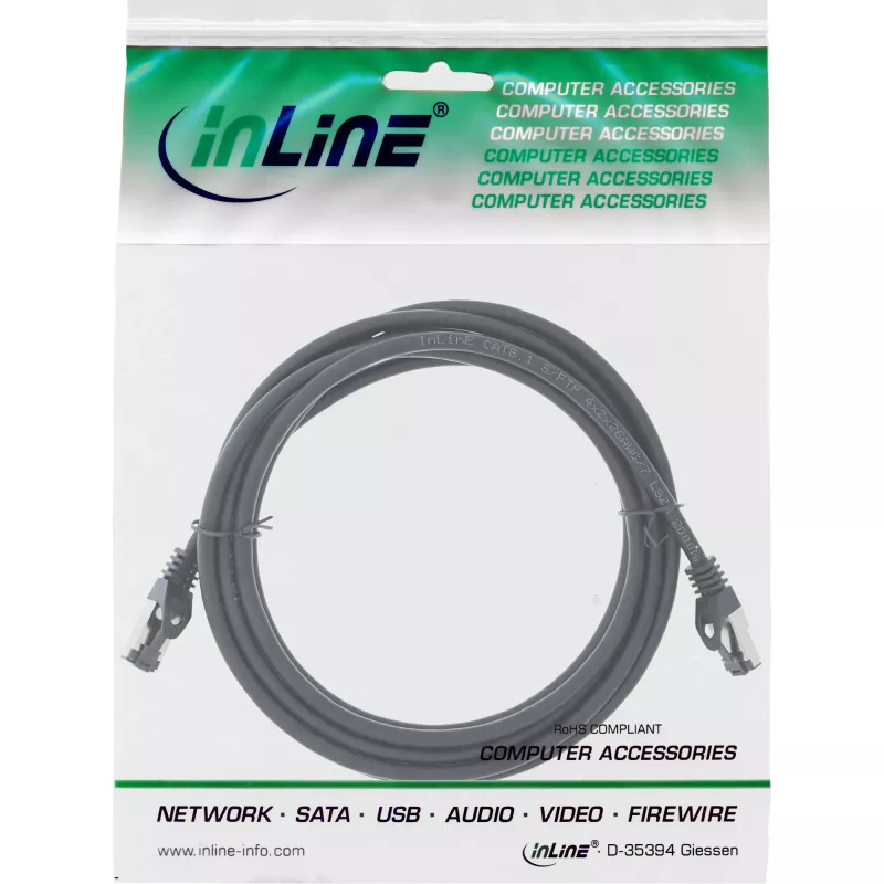 InLine Patchkabel S/FTP PiMF Cat.8.1 halogenfrei 2000MHz schwarz, 2m