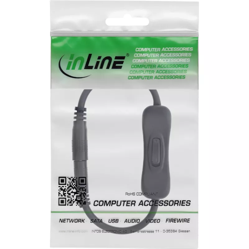 InLine DC-Kabel mit Schalter, DC Stecker/Buchse 5,5x2,1mm, AWG 18, schwarz, 0,20m