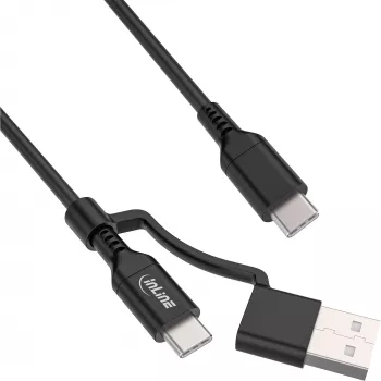 InLine 2-in-1 USB-C-Kabel + USB-A-Adapter, USB 2.0, 100W, TPE, schwarz, 1m