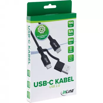 InLine 2-in-1 USB-C-Kabel + USB-A-Adapter, USB 2.0, 100W, TPE, schwarz, 1m