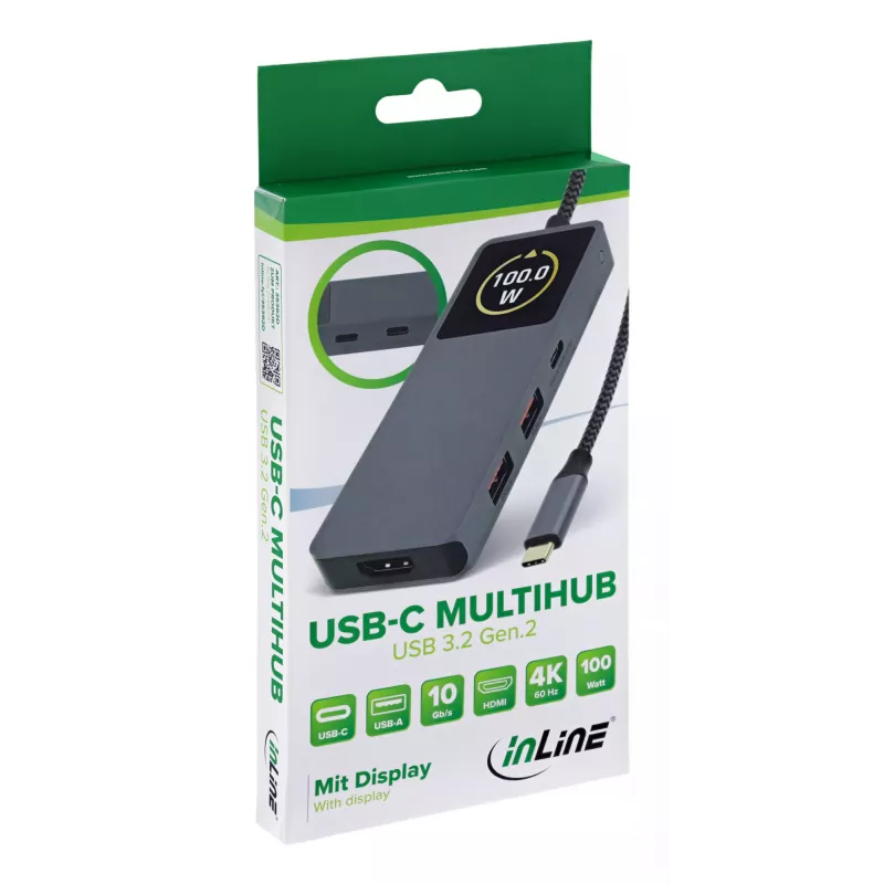 USB-C-Schnittstellen-Hub InLine 35392D USB 3.2 Gen 2 Type-C Host zu HDMI, USB-A, USB-C 10000 Mbit/s Grau