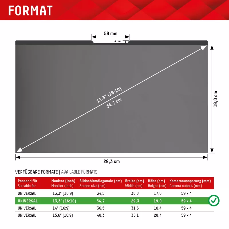 Privatsphärefilter Displex PRIVACY SAFE magnetisch 2-Wege für Laptop/Notebook 13,3 Zoll (16:10), rahmenlos, glänzend/matt, 5H