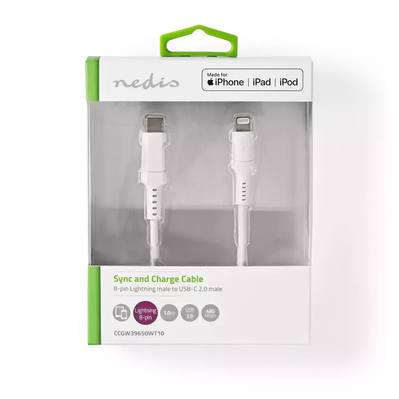 Lightning-Kabel Nedis CCGW39650WT10 1m Weiß USB C