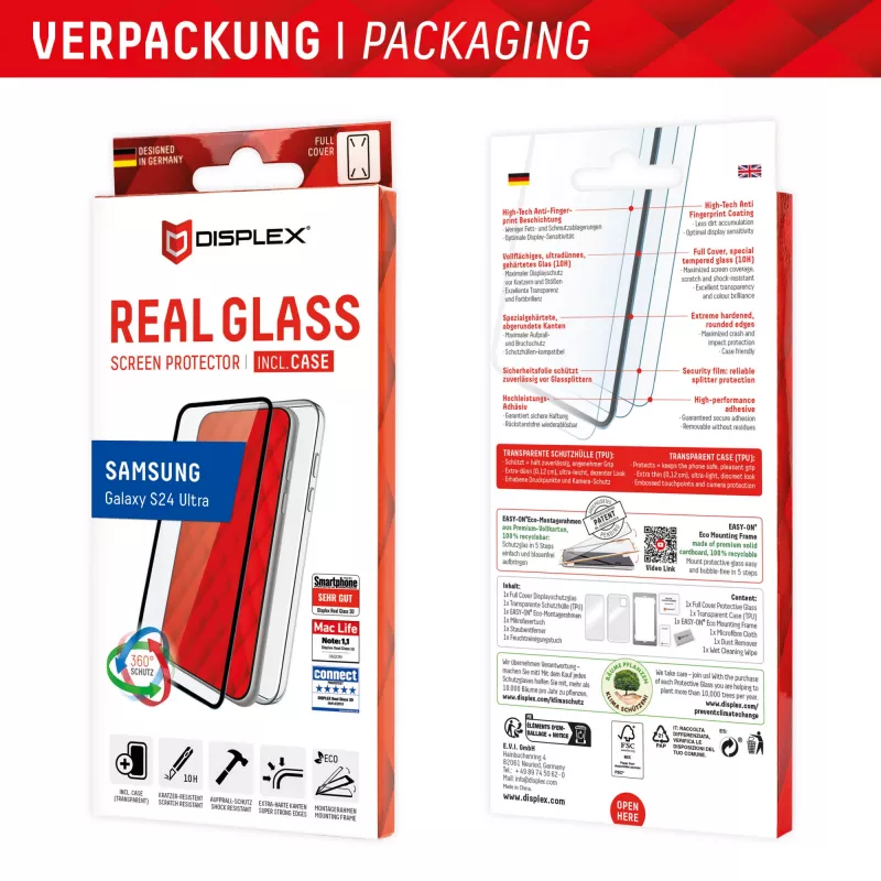 Displex Displayschutzfolie + Hülle für Samsung Galaxy S24 Ultra, Eco-Montagerahmen, Vollabdeckung