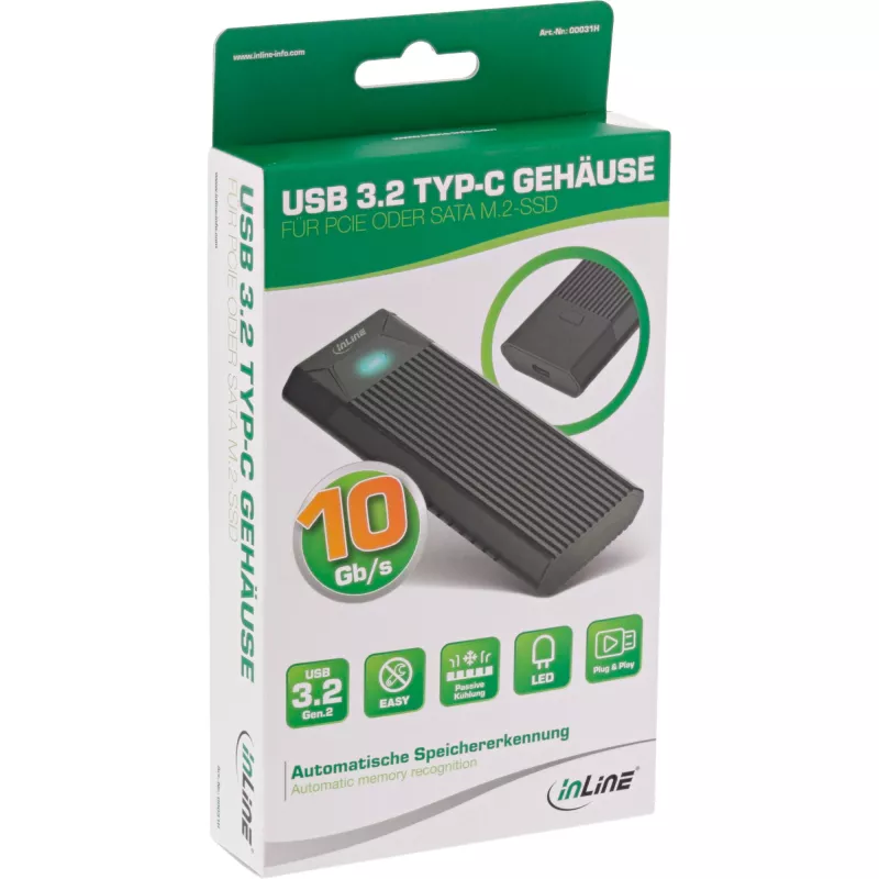InLine USB3.2 Gen.2 USB-C zu M.2 SSD (PCIe NVMe & SATA) Gehäuse
