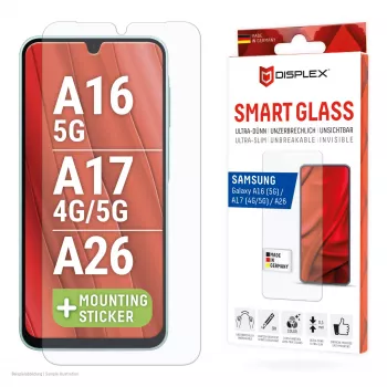 Displex Smart Glass (9H) für Samsung Galaxy A26/A16 (5G)/A17 (4G/5G), Montageaufkleber, unzerbrechlich