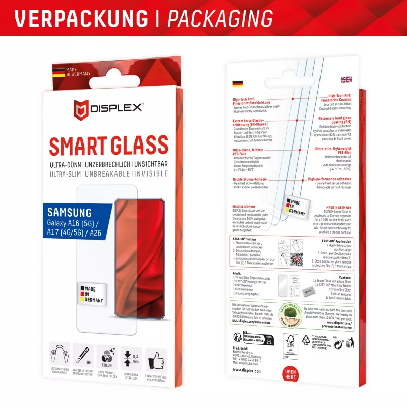 Displex Smart Glass (9H) für Samsung Galaxy A26/A16 (5G)/A17 (4G/5G), Montageaufkleber, unzerbrechlich