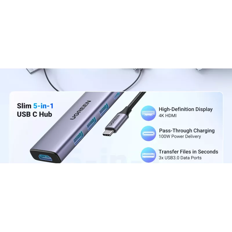 USB Type-C Hub UGREEN 20956A mit HDMI und USB 3.0, 5 Gbit/s, 4K 3840x2160, Silber