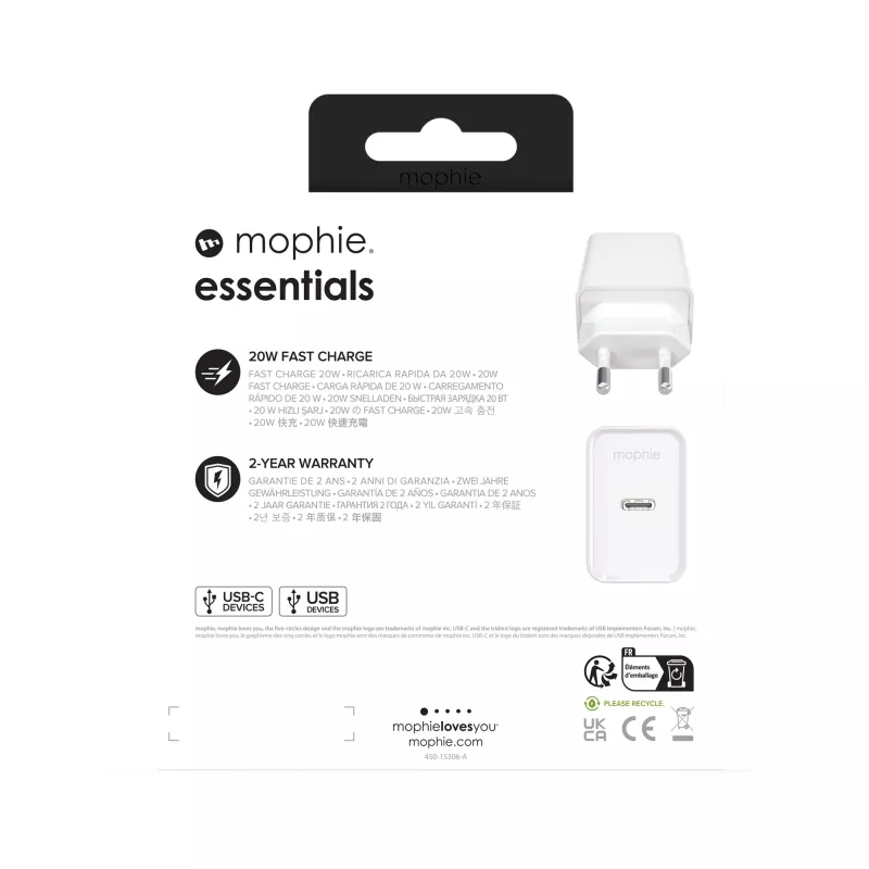 mophie essentials 20W USB-C PD-Netzteil Universal Weiß AC-Schnellladung Innenbereich