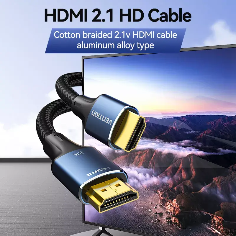 HDMI-Kabel Vention 8K 48Gbps HDMI 2.1 Baumwollumflochtenes Stecker-Stecker-Kabel 1 m Blau Aluminium