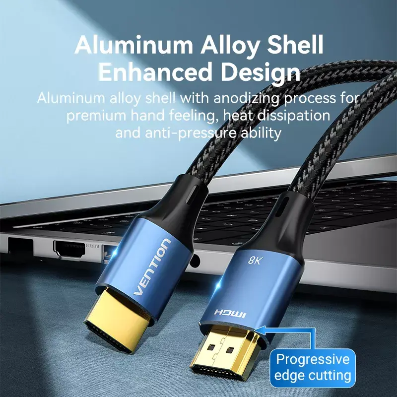 HDMI-Kabel Vention 8K 48Gbps HDMI 2.1 Baumwollumflochtenes Stecker-Stecker-Kabel 1 m Blau Aluminium