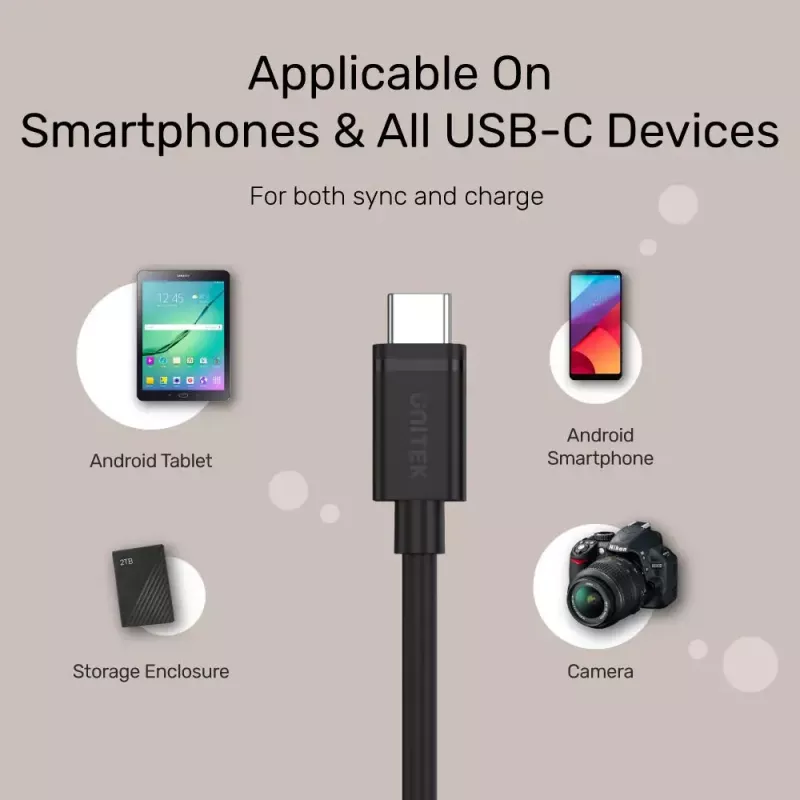 USB-C-zu-USB-C-Kabel Unitek Y-C477BK01-2M, USB 3.2 Gen 1, 2 m, 5 Gbit/s, PD 60 W, Schwarz