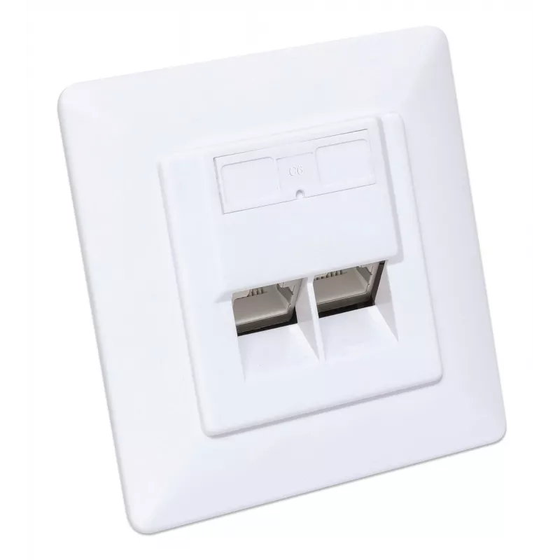 Intellinet 2-Port Cat6 10G geschirmte RJ45-Wanddose, Unterputzmontage mit Abdeckrahmen, STP, Signalweiß RAL9003